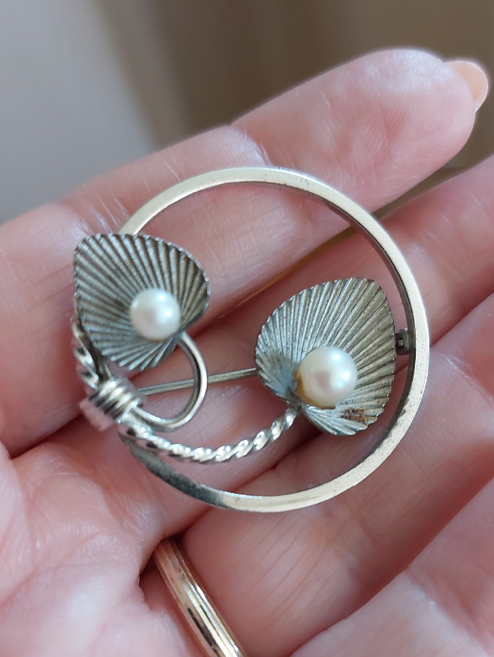 Sterling Silver 925 Vintage Bond Boyd Cultured Pearl Round Leaf Brooch - Picture 5 of 6